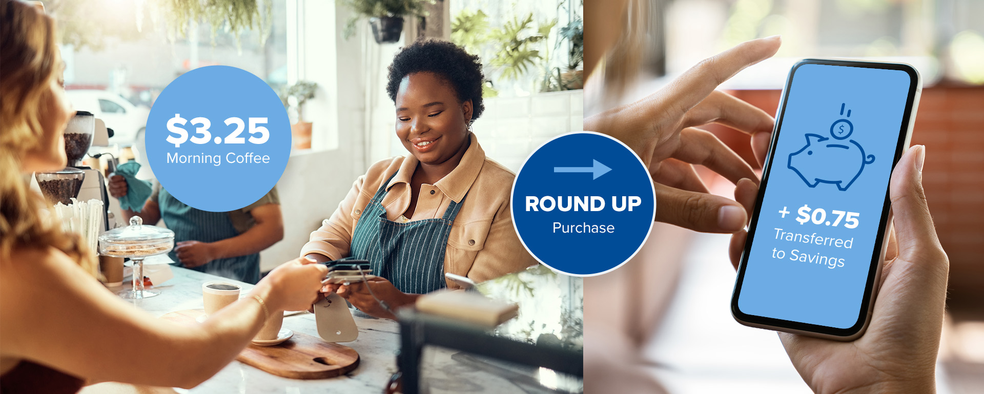 Woman making morning coffee purchase using round up savings tool on mobile