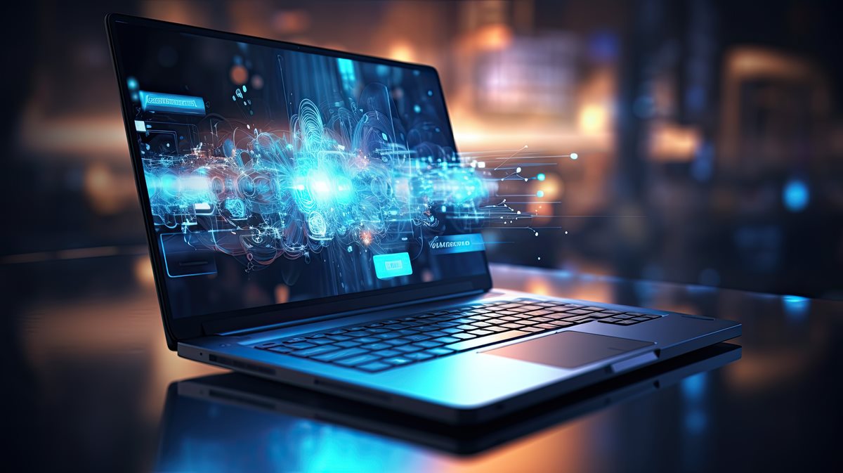 Computer with digital assets coming out of it